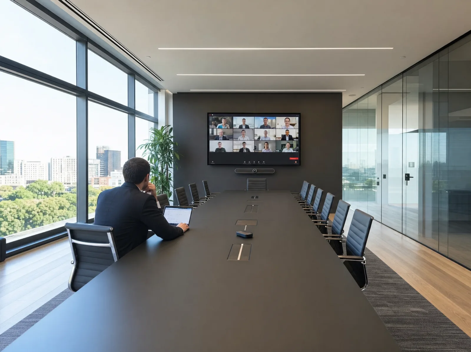 Salle de réunion équipée pour la visioconférence, utilisée par les collaborateurs dédiés HelpSoft