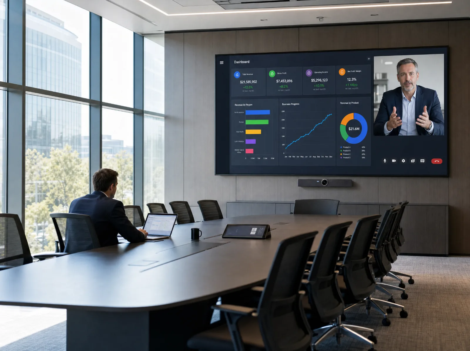 Salle de réunion équipée : écran et caméra de visioconférence